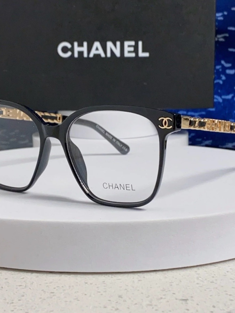 CHANEL Black and Gold Chain-Arm Optical Glasses